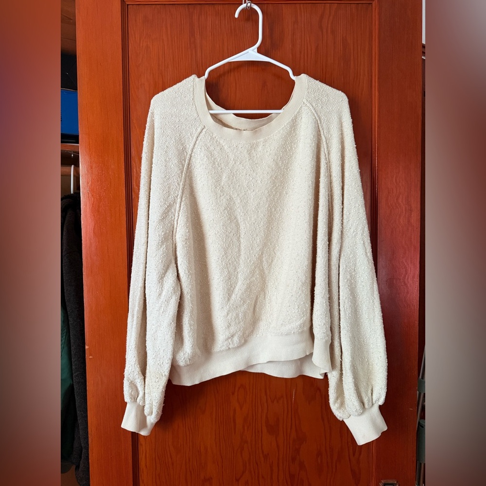Free People Cream Crew Neck Sweater with Billowy Sleeves
